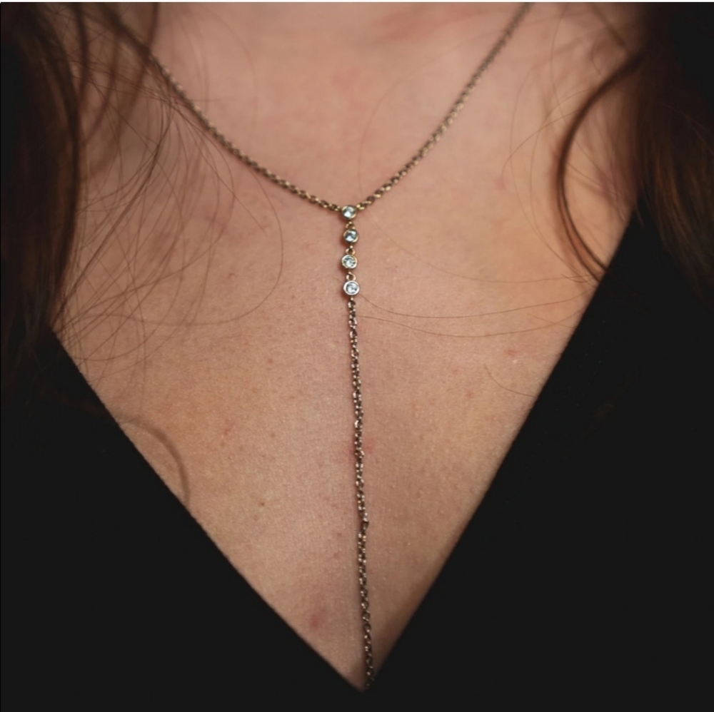 Gold Lariat Cubic Zirconia Crystal Stud adjustable length Necklace